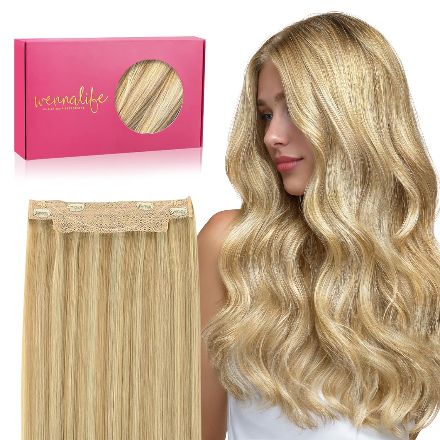 Detalle de WENNALIFE 20-inch Remy Wire Hair Extensions — Light Blonde Highlighted Golden Blonde, 110g