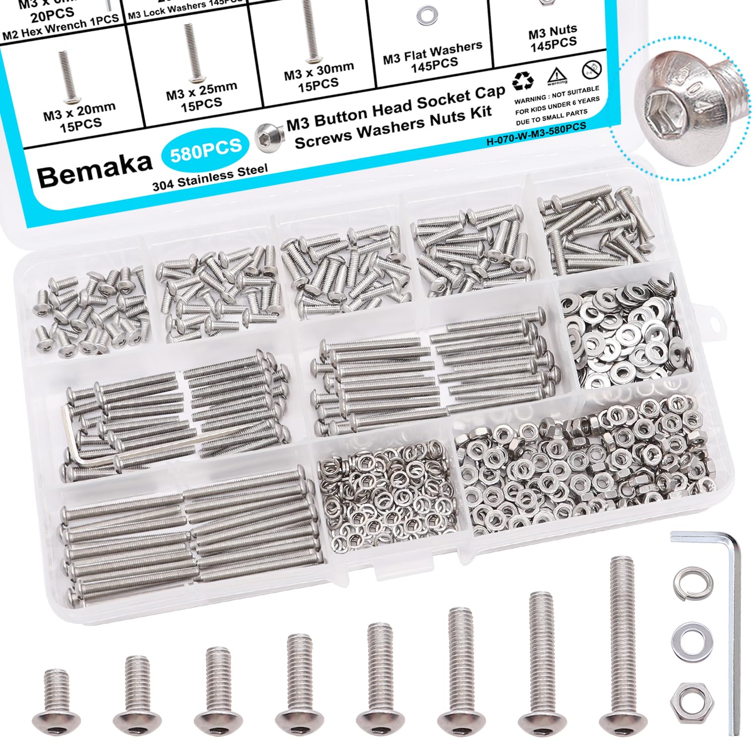 Detalle de Bemaka 580-Piece M3 Screw Kit, 304 Stainless Steel, 8 Lengths & Hex Wrench