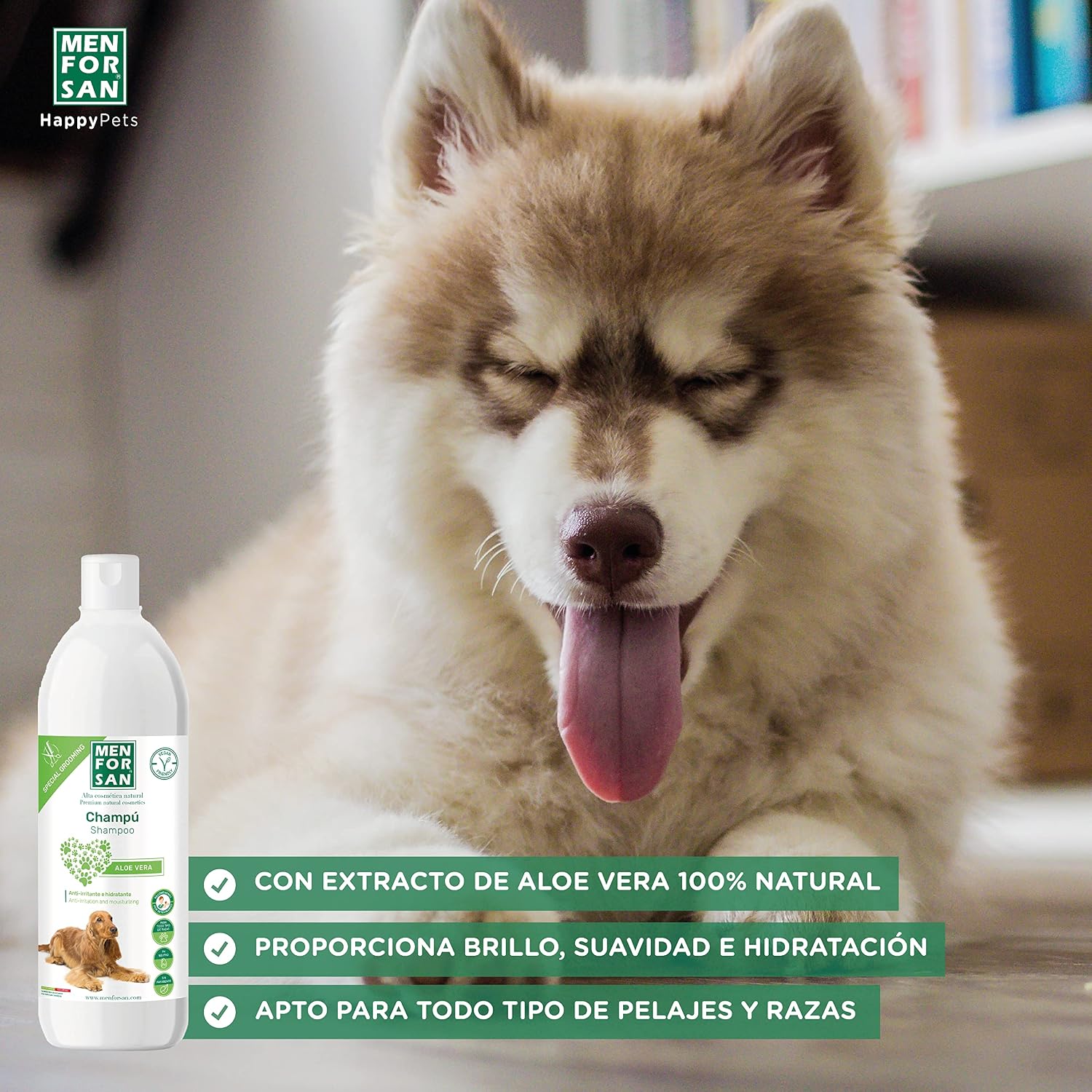 Detalle de MENFORSAN Aloe Vera Shampoo per cani, 1 litro, confezione da 2 – detergente delicato a base di aloe vera