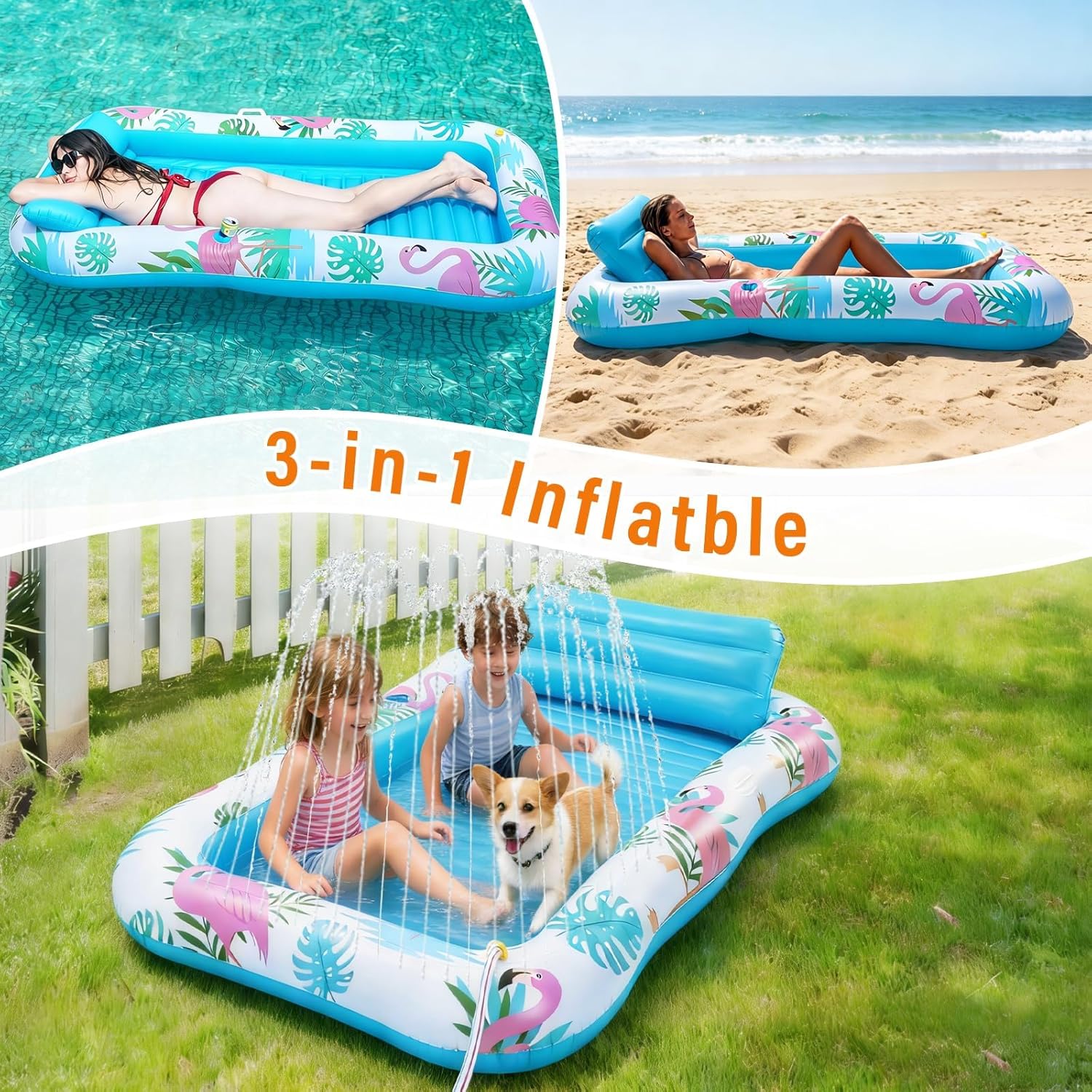 Thumbnail 4 de Inflatable Tanning Pool Lounger Float with Sprinkler — Extra-Large, Pillow + Cup Holder