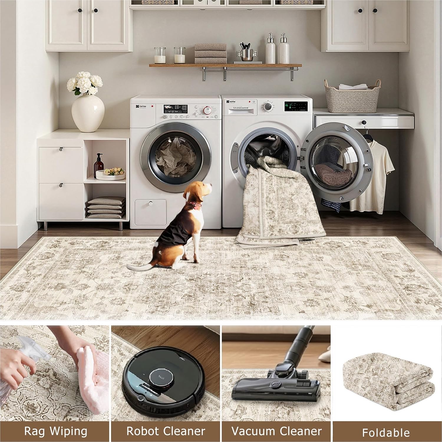 Thumbnail 3 de HUGEAR Vintage Beige Large Area Rug 300x400cm with Non-Slip TPR Backing (Washable, Low Pile)