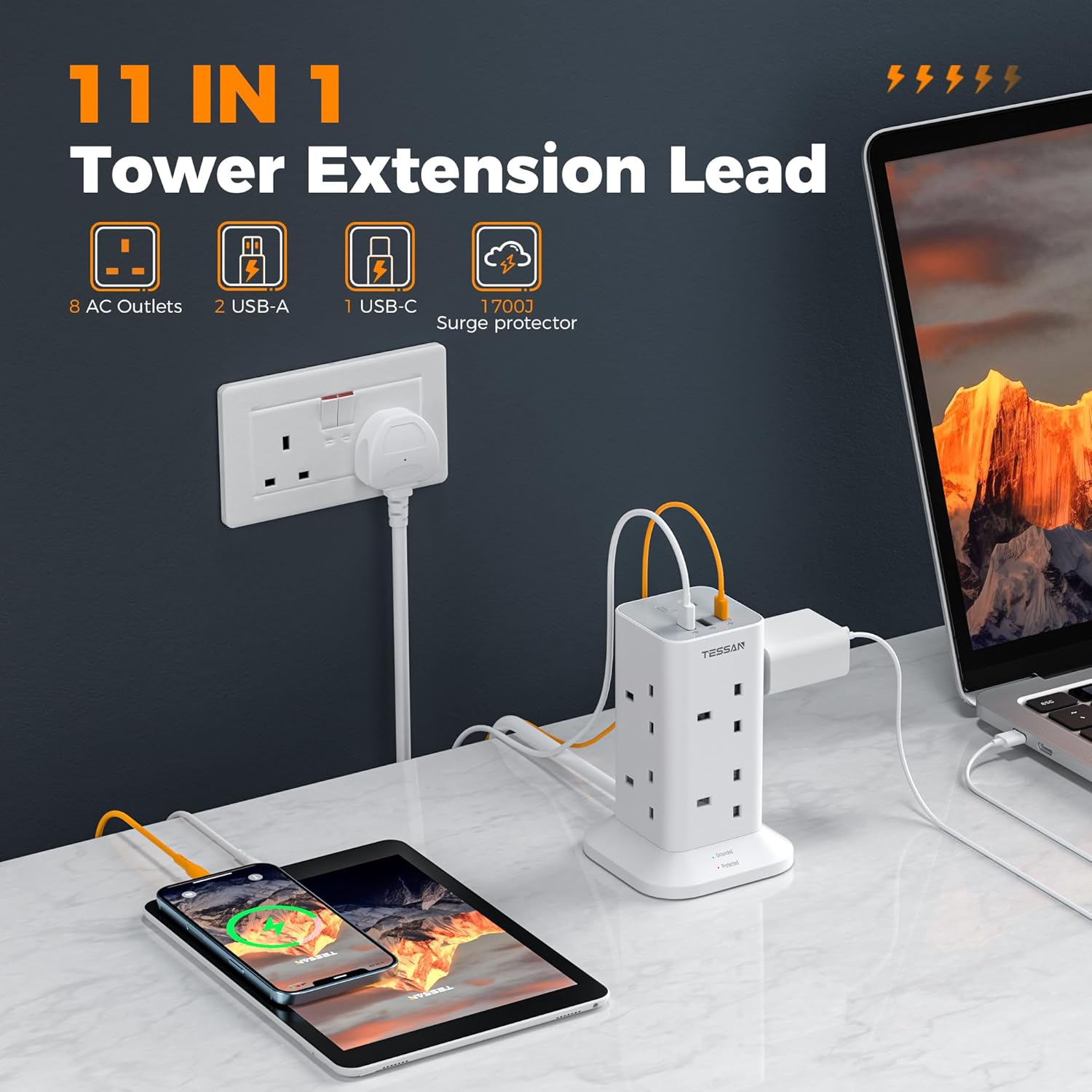 Thumbnail 1 de Tower Extension Lead 5M with USB C Slots 8 Way Surge Protector