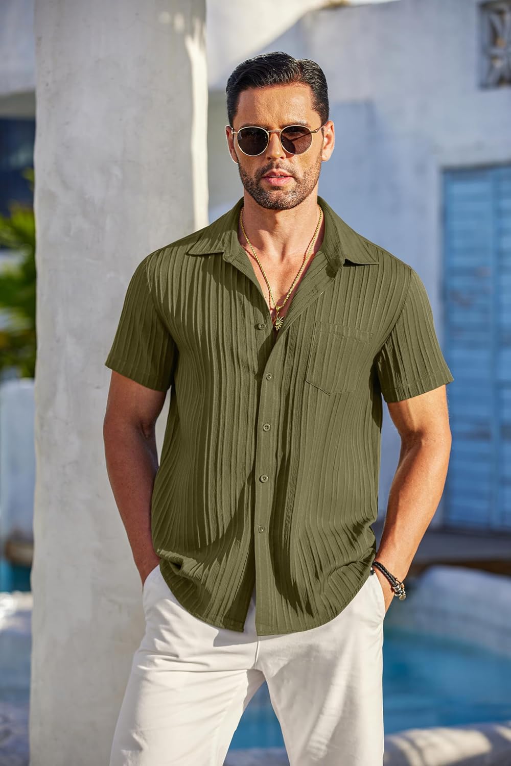 Thumbnail 1 de COOFANDY Men’s Short-Sleeve Button-Down Textured Summer Shirt with Pocket