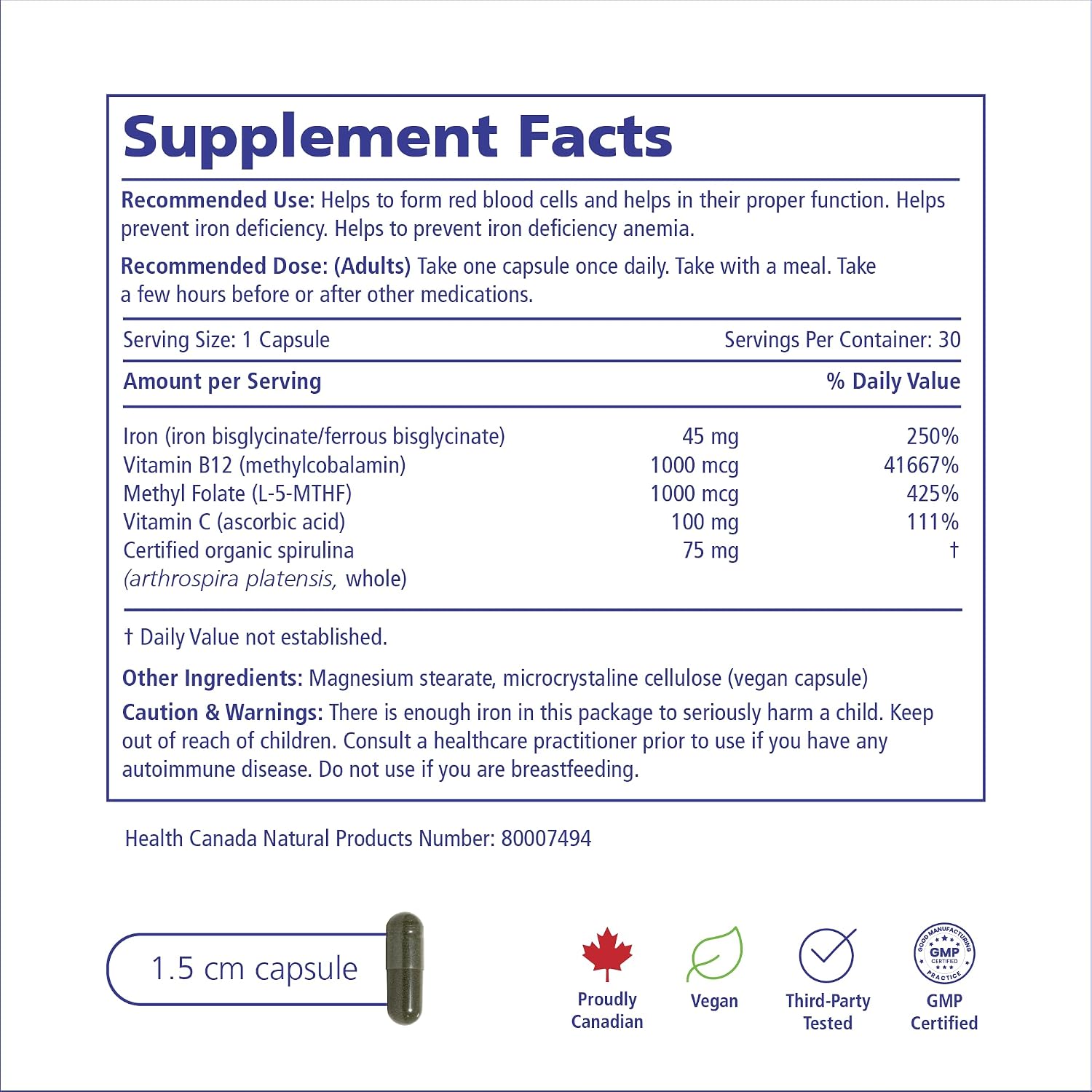 Detalle de VITALITY 15905 Power Iron 45 mg Capsules with Vitamin C, B12 & Folate