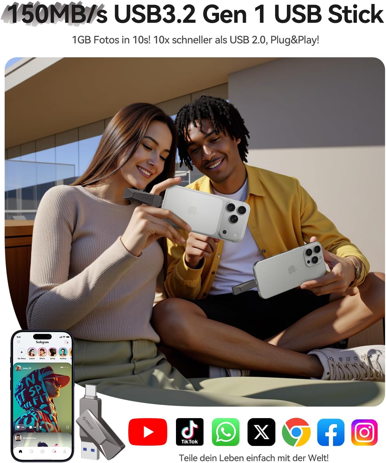 Thumbnail 5 de ORICO USB-Stick 64GB USB 3.2 (CB05) 2-in-1 USB-A/USB-C mit OTG bis 150 MB/s, grau