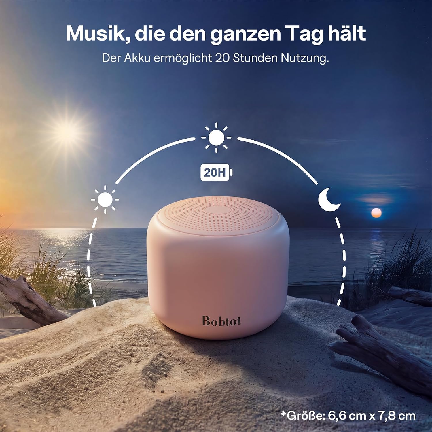 Detalle 2 de Bobtot Tragbarer Bluetooth-Lautsprecher mit wasserdichtem Design, Stereo-Sound und 15 Stunden Laufzeit (Rosa)
