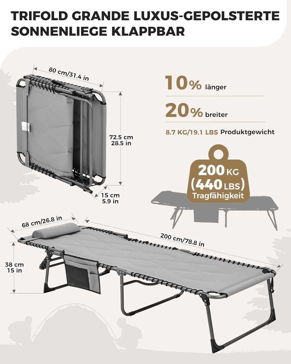 Detalle de KingCamp Übergroße Sonnenliege Klappbar 5-Fach Verstellbar – 200 x 68 cm, bis 200 kg, inkl. Kopfkissen & Seitentasche