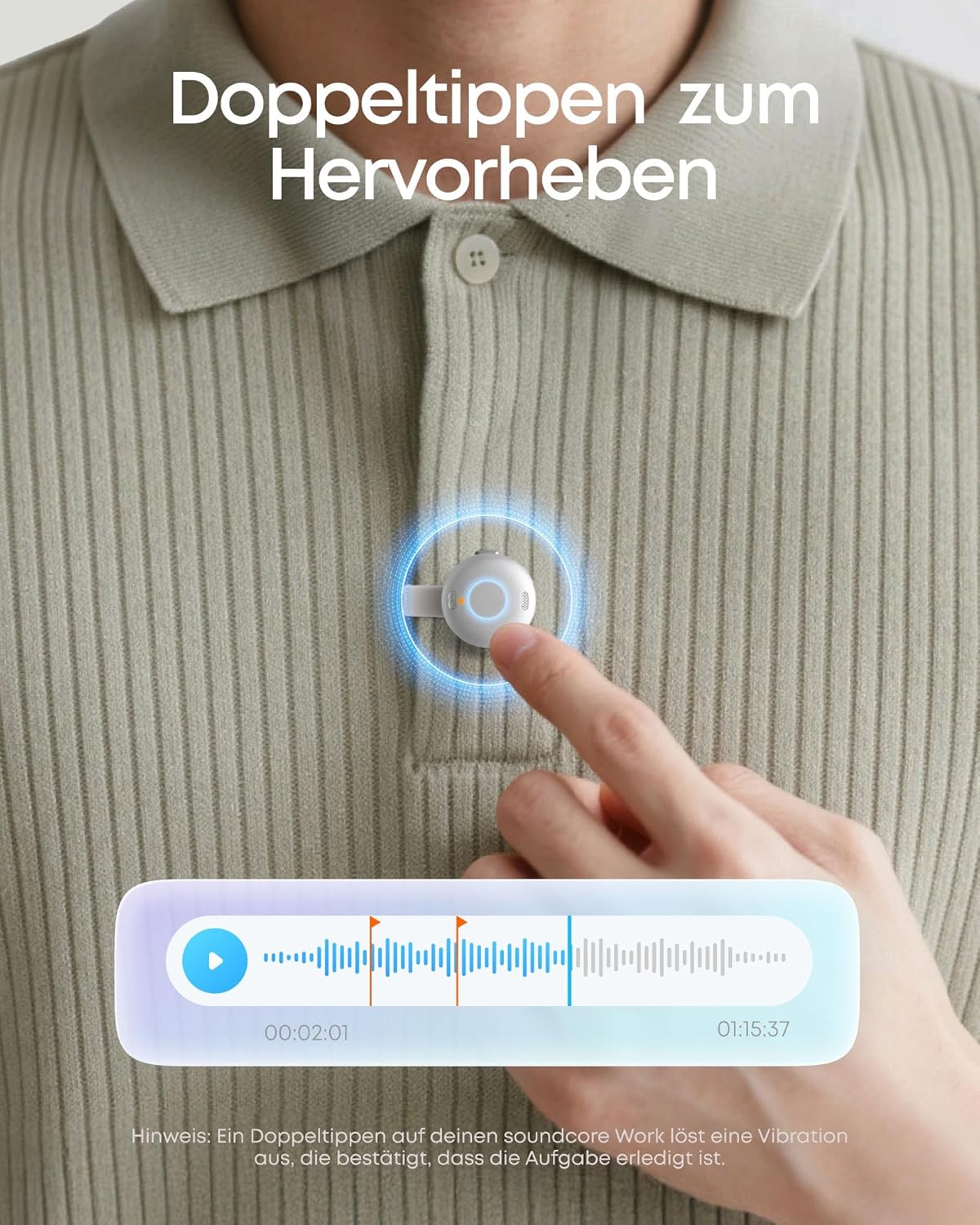 Detalle de soundcore Work by Anker KI Voice Recorder – digitales Diktiergerät mit KI-Transkription und Spracherkennung, 8GB (MFi)