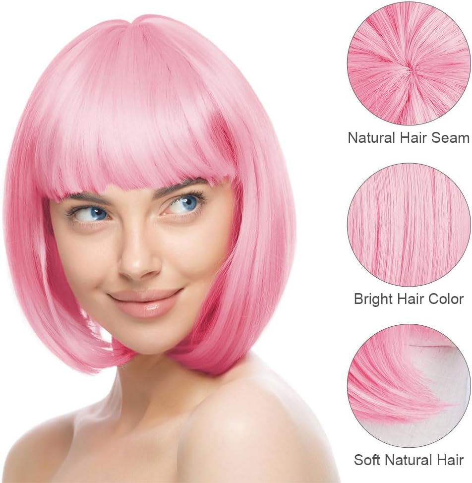 Detalle de Aomig Pink/B Short Bob Wig for Women – 3 PCS Set (Synthetic, Heat-Resistant)