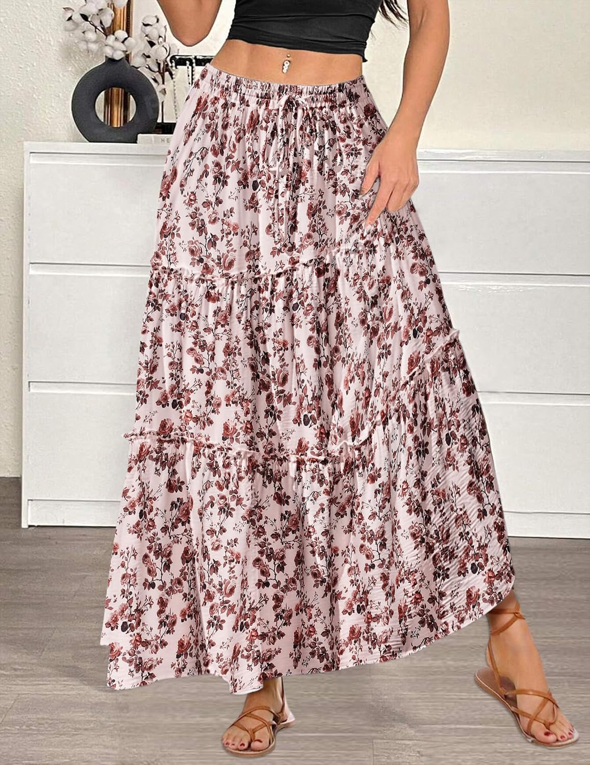 Detalle de Hotouch Rock Damen Hohe Taille Maxirock – A-Linie mit Schichtung und Taschen