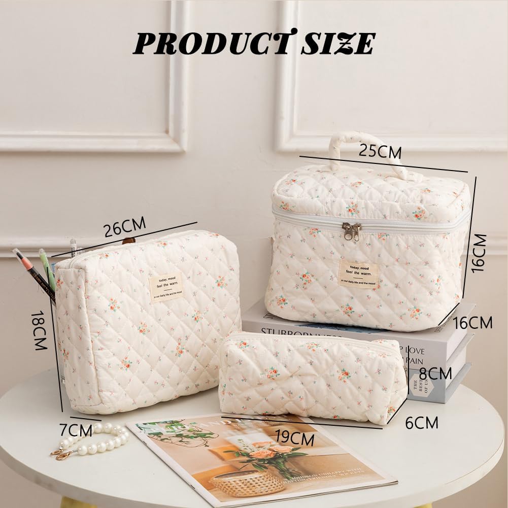 Detalle de Aucuu 3PCS Kosmetiktasche-Set mit Blumenmuster – gesteppt, Baumwollstoff, Reise-Organizer für Damen