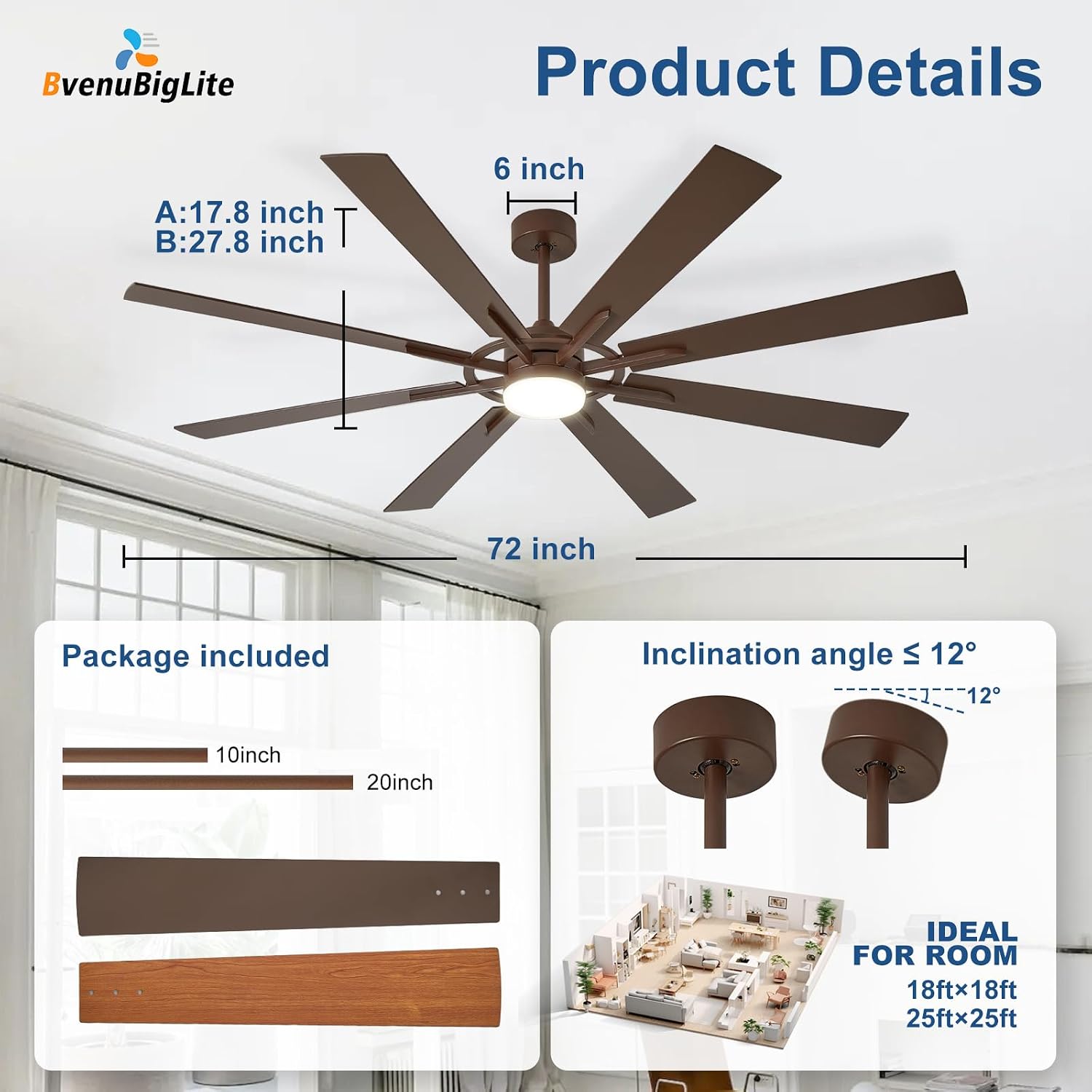 Thumbnail 2 de BvenuBigLite WS-FPZ190-18C-BR-AP 72-Inch Ceiling Fan with Light, 8 Blades