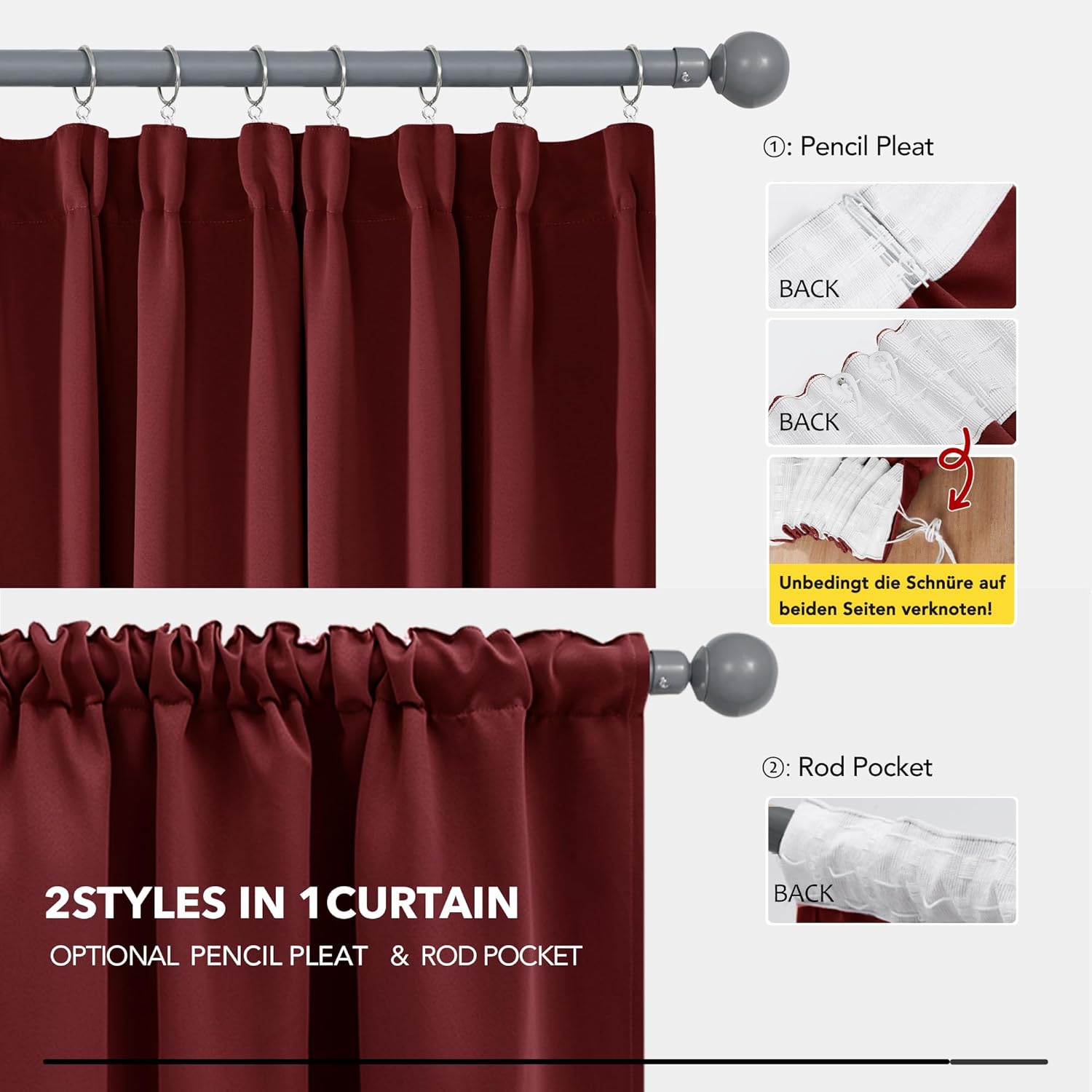 Thumbnail 4 de Deconovo Blickdichte Verdunkelungsvorhänge mit Kräuselband 175x140 cm (Rot), 2er Set