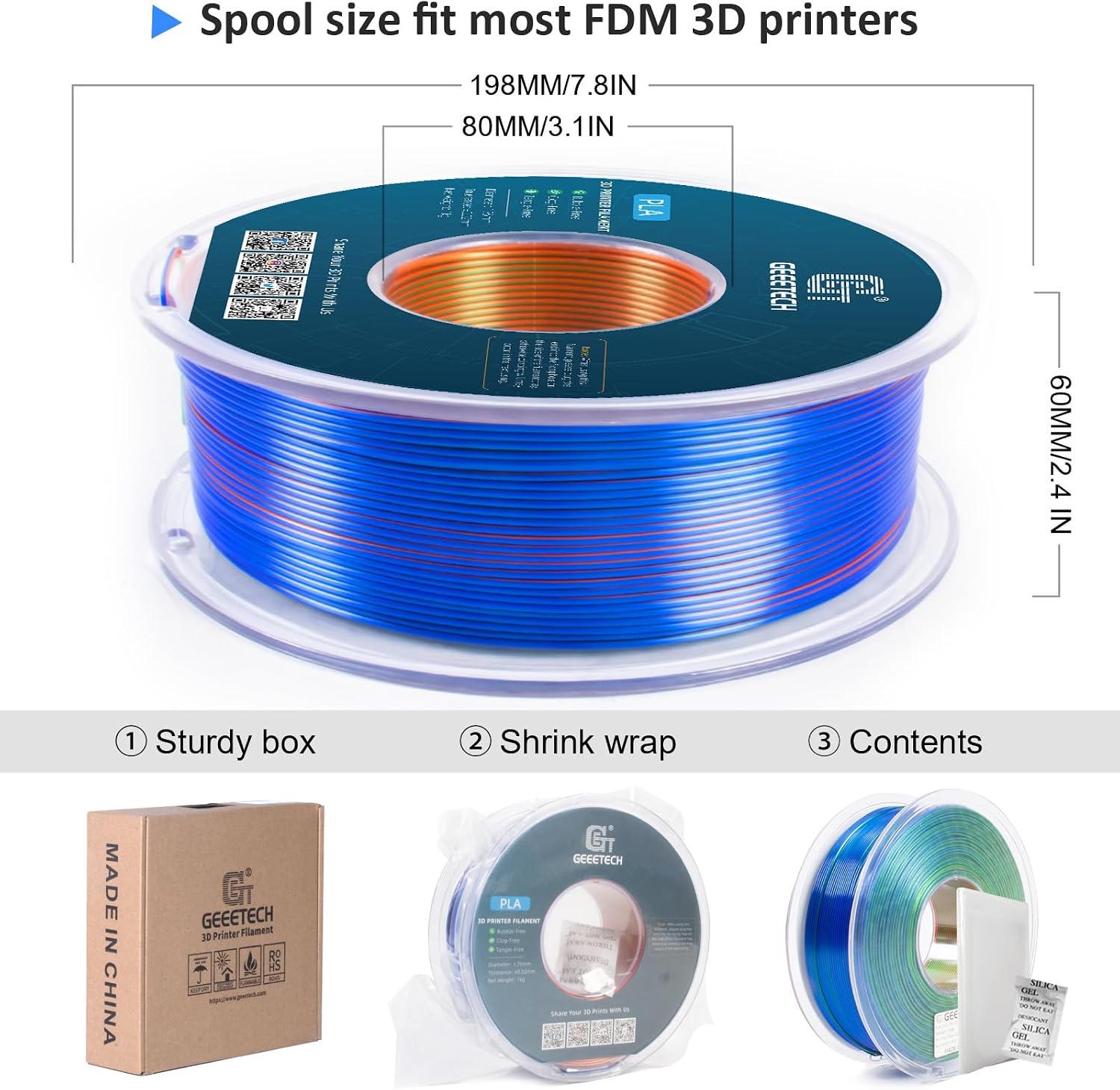 Detalle de GEEETECH Tricolor Silk PLA Filament 1.75 mm – 1 kg Spool (Silk Orange Blue Green)