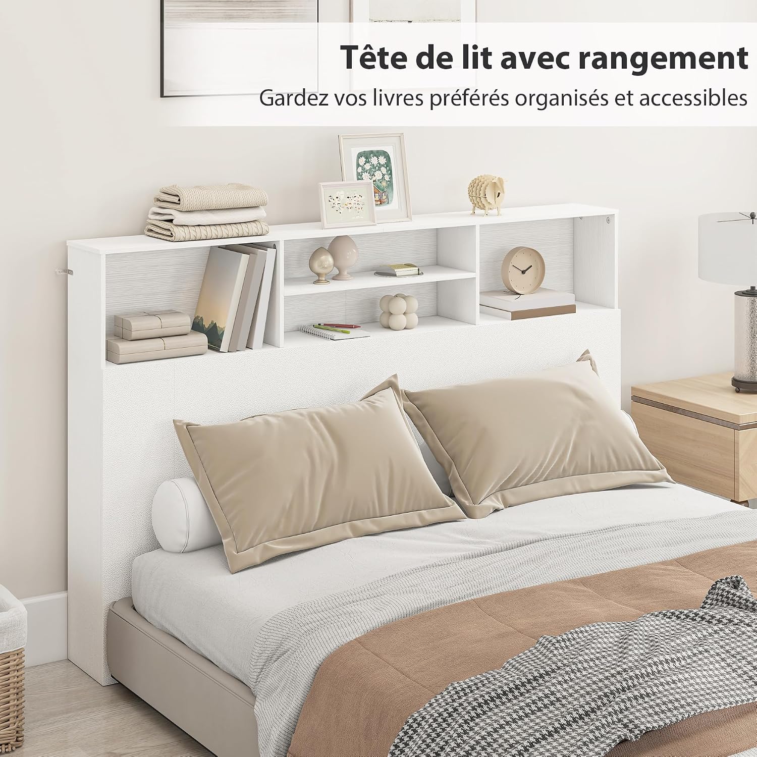 Thumbnail 3 de HOMCOM tête de lit sur pied 160 cm blanche avec 4 compartiments de rangement