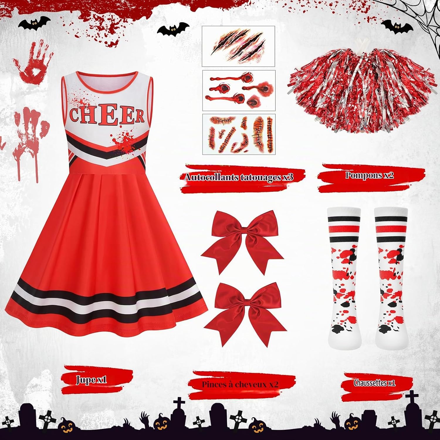 Thumbnail 2 de Mystery Code zombie-cheerleaderkostuum voor kinderen, rood, 7-9 jaar