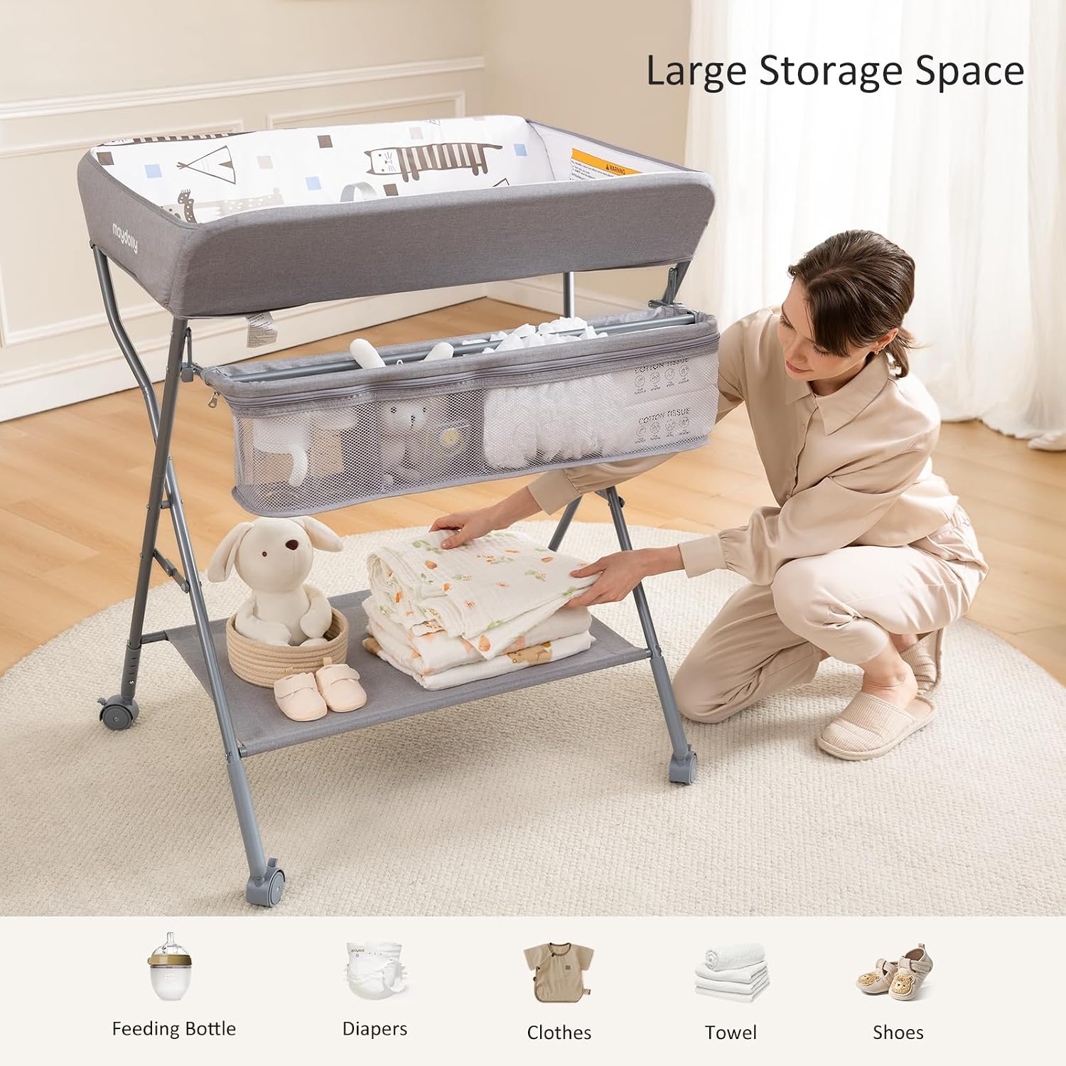 Detalle 2 de Maydolly Baby Changing Table with Wheels, Adjustable Height, Folding Light Gray