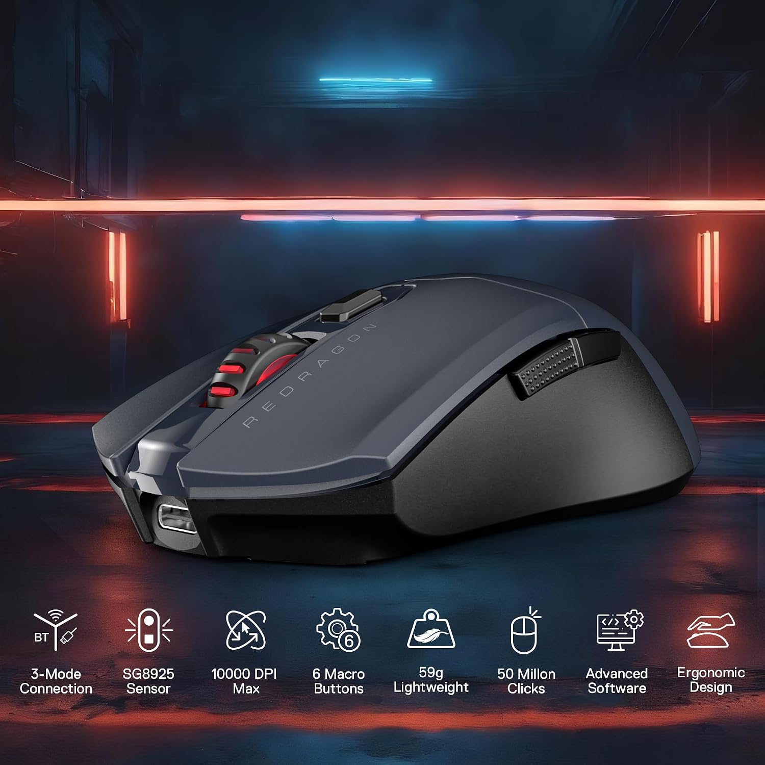 Detalle de Redragon M995 LIT Wireless Gaming Mouse (BT + 2.4G) with 10,000 DPI and 6 programmable macros