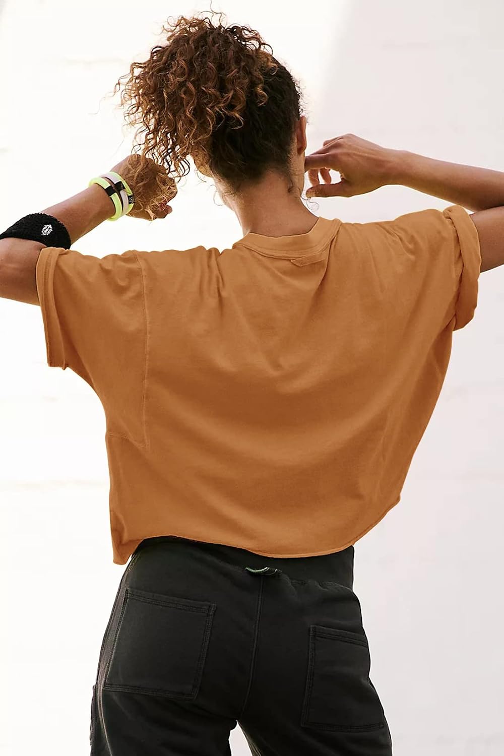 Detalle de Women's Oversize Workout Crop Tops Roll Hem Basic Loose Yoga Tee