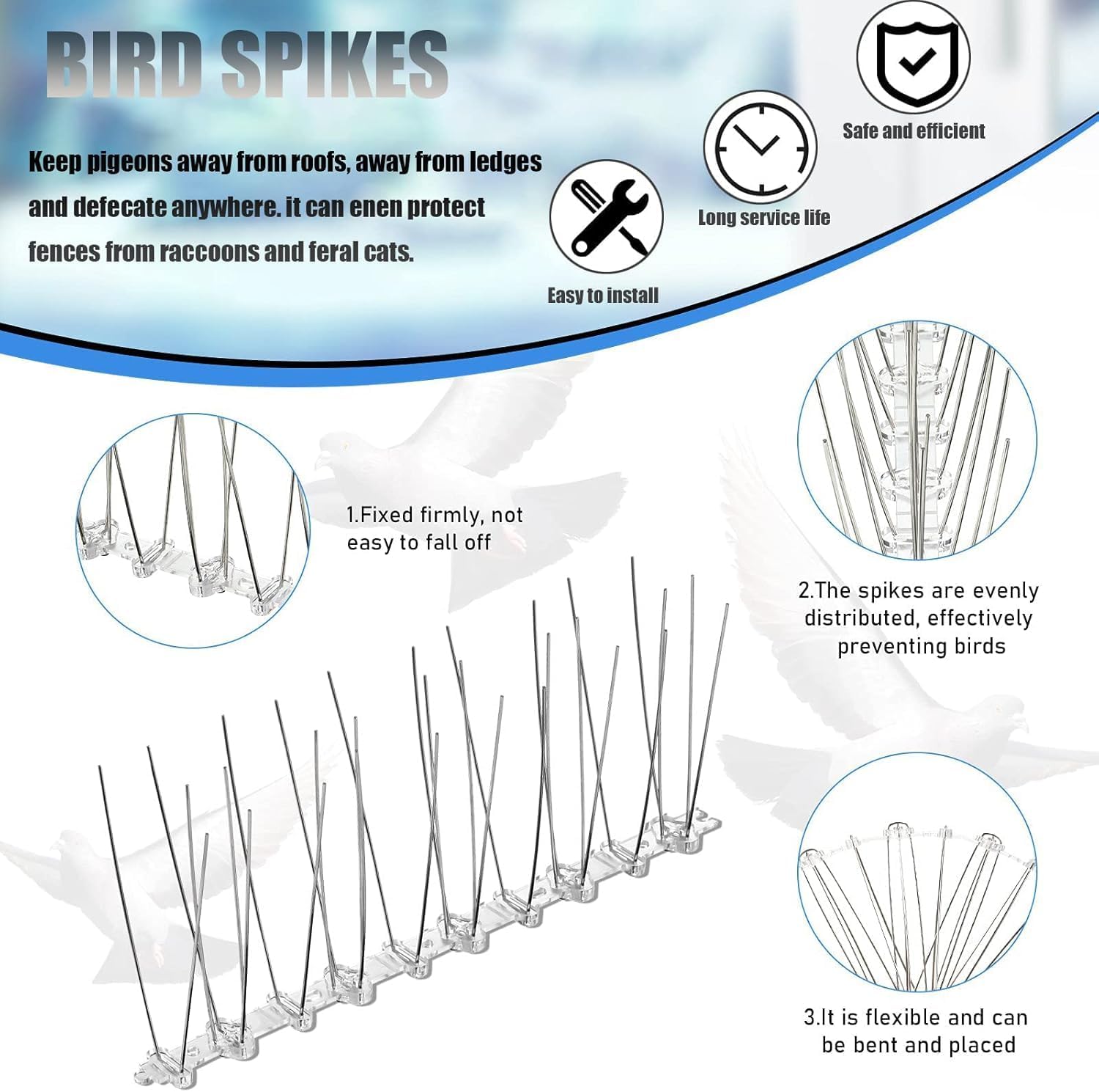 Thumbnail 2 de 12Pcs Bird Spikes: Humane Pigeon Spikes Kit Cover 3M for Gardens, Balconies and Roofs