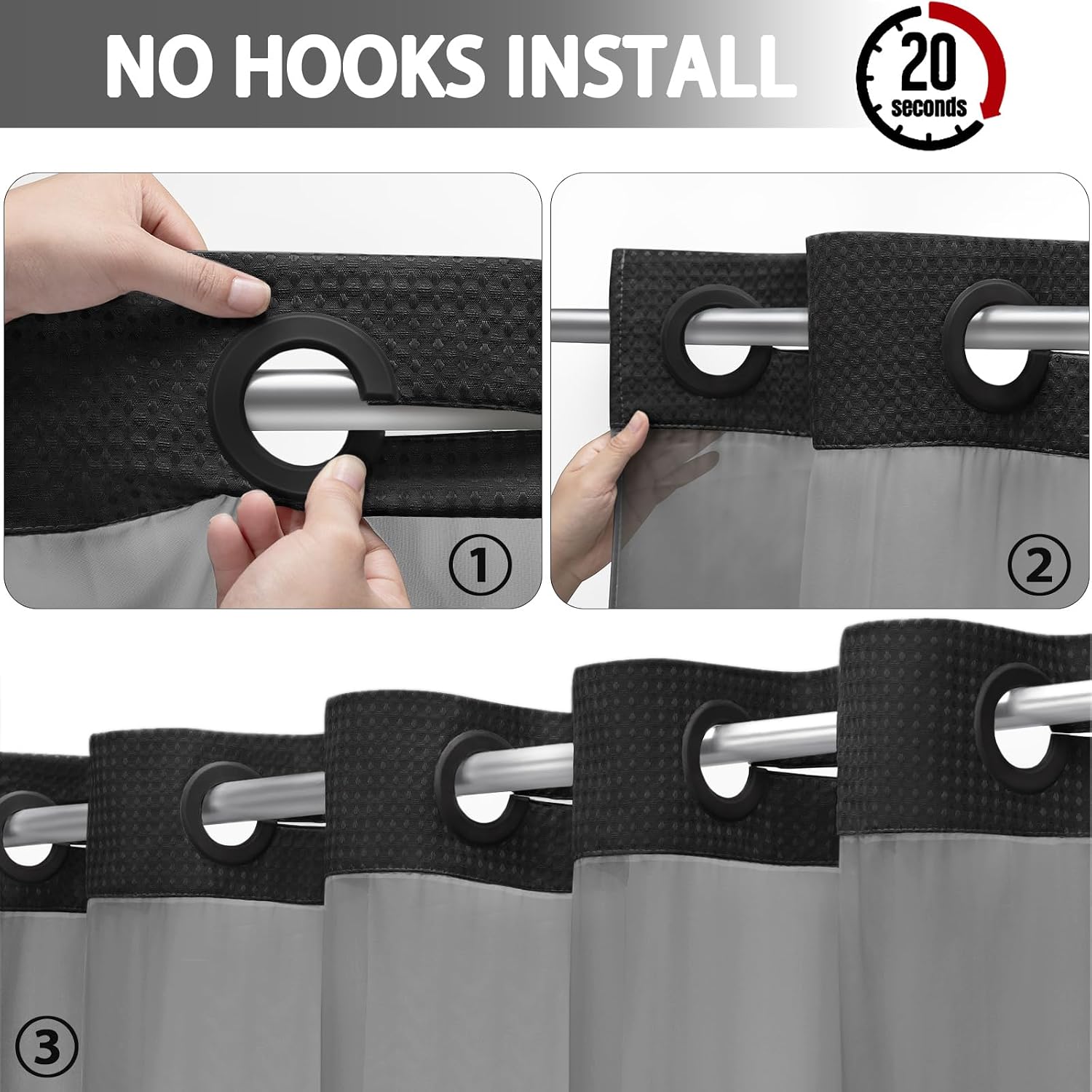 Thumbnail 1 de XOGUIBO No Hook Shower Curtain and Liner Set (Black Waffle, 75" x 72")