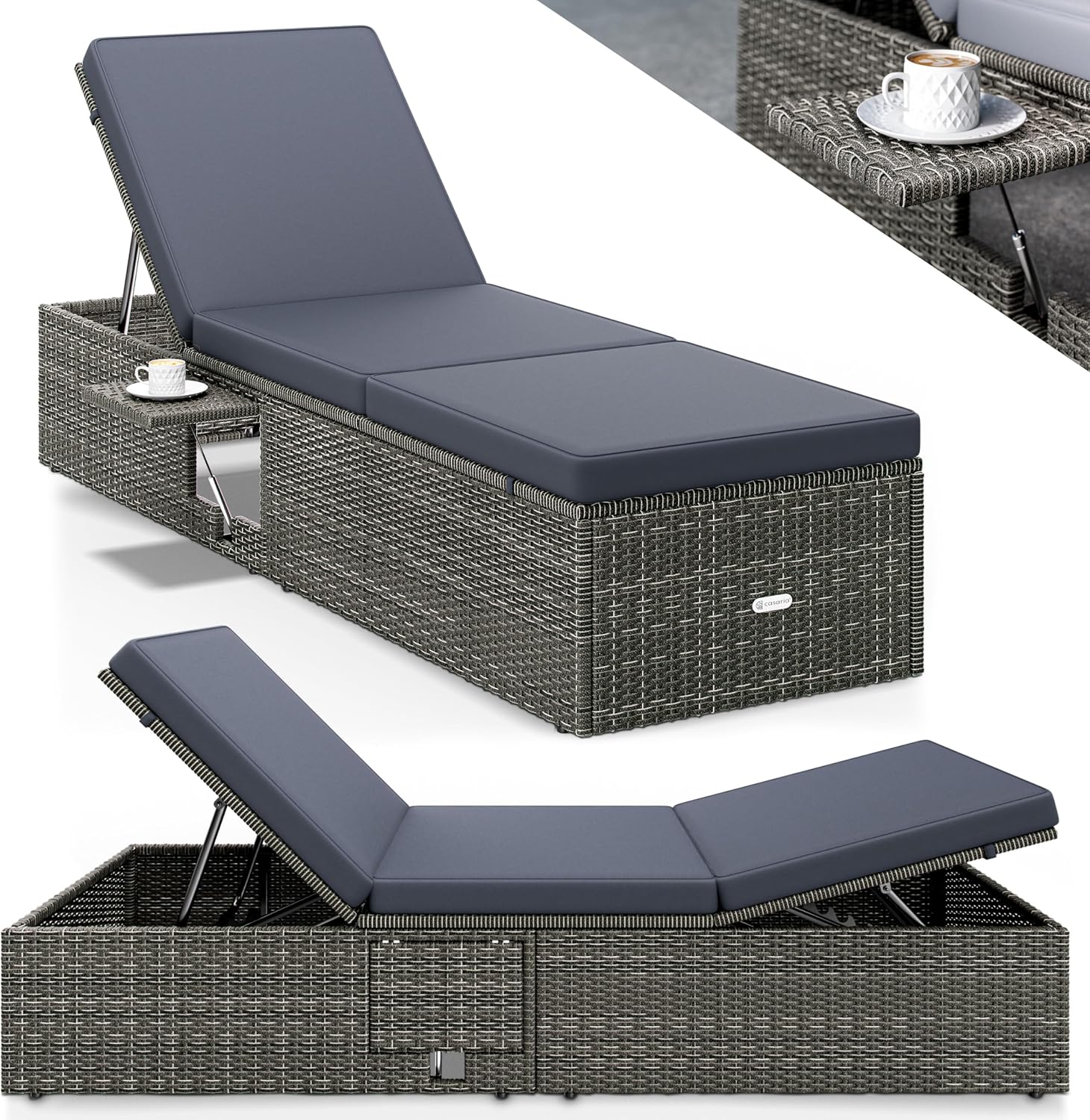 Detalle de Casaria Sonnenliege mit Klapptisch – 200x58 cm, 7 cm Auflagen, wetterfest, bis 160 kg