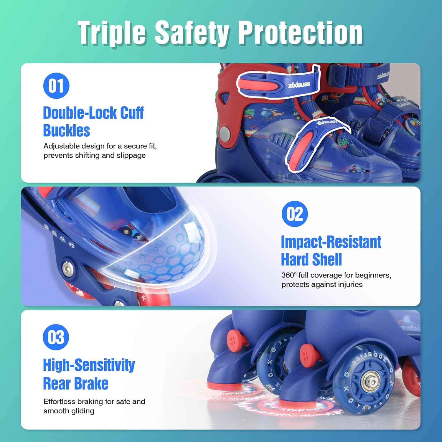 Detalle de ZOOBLISS Kids Roller Skates for Beginners (4-Size Adjustable, Tri-Wheel Training, Light-Up Wheels) for Ages 3-7