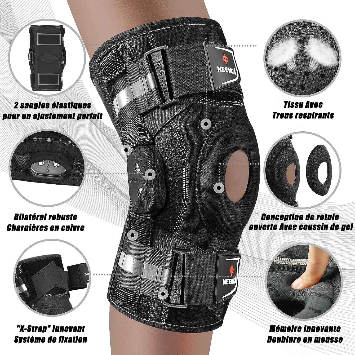 Detalle 2 de NEENCA Professional Knee Brace with Adjustable Hinged Support and Patented X-Strap System