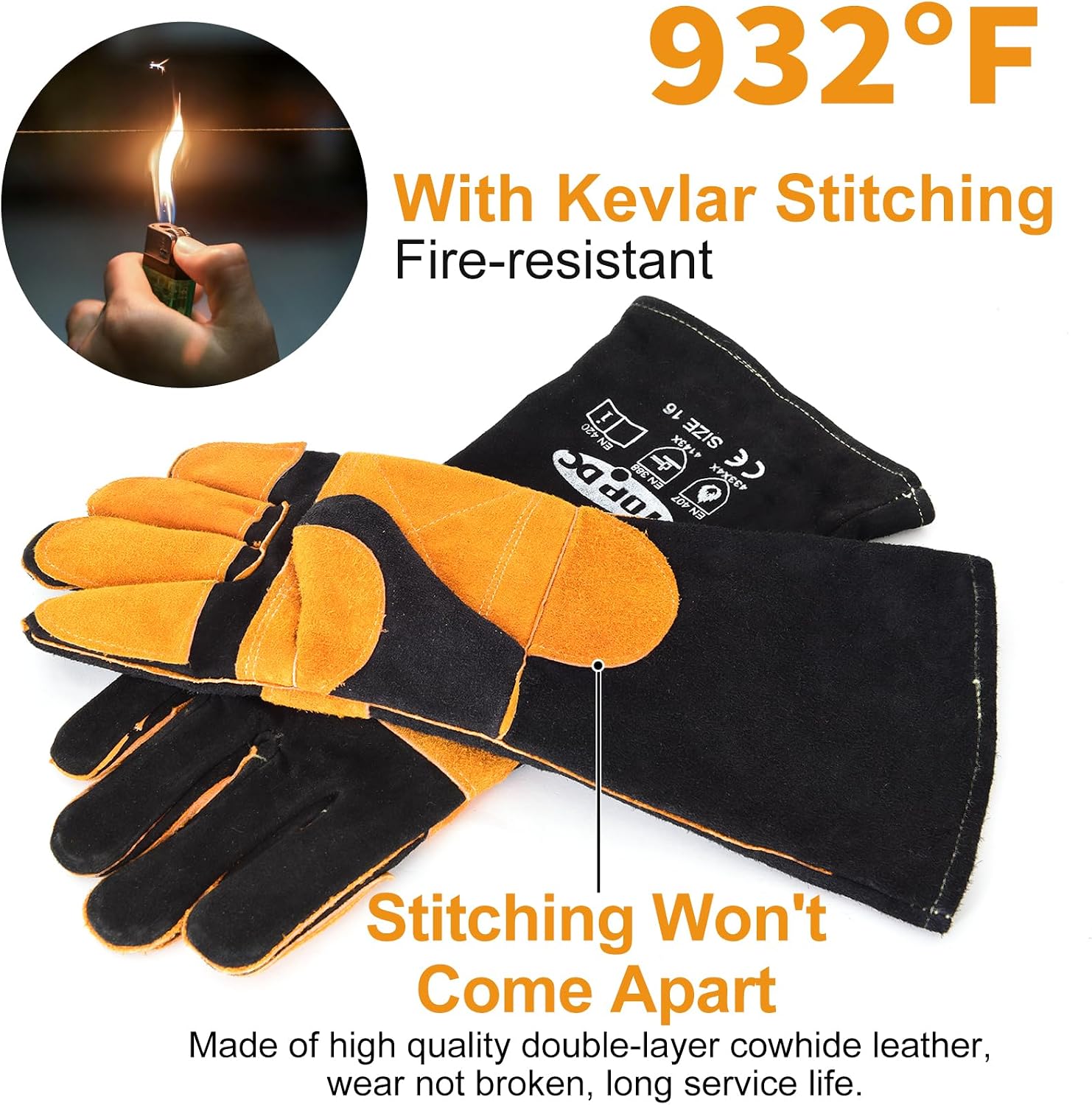 Detalle 1 de TOPDC Welding Glove 16-Inch Leather Welding Gloves with Kevlar Stitching