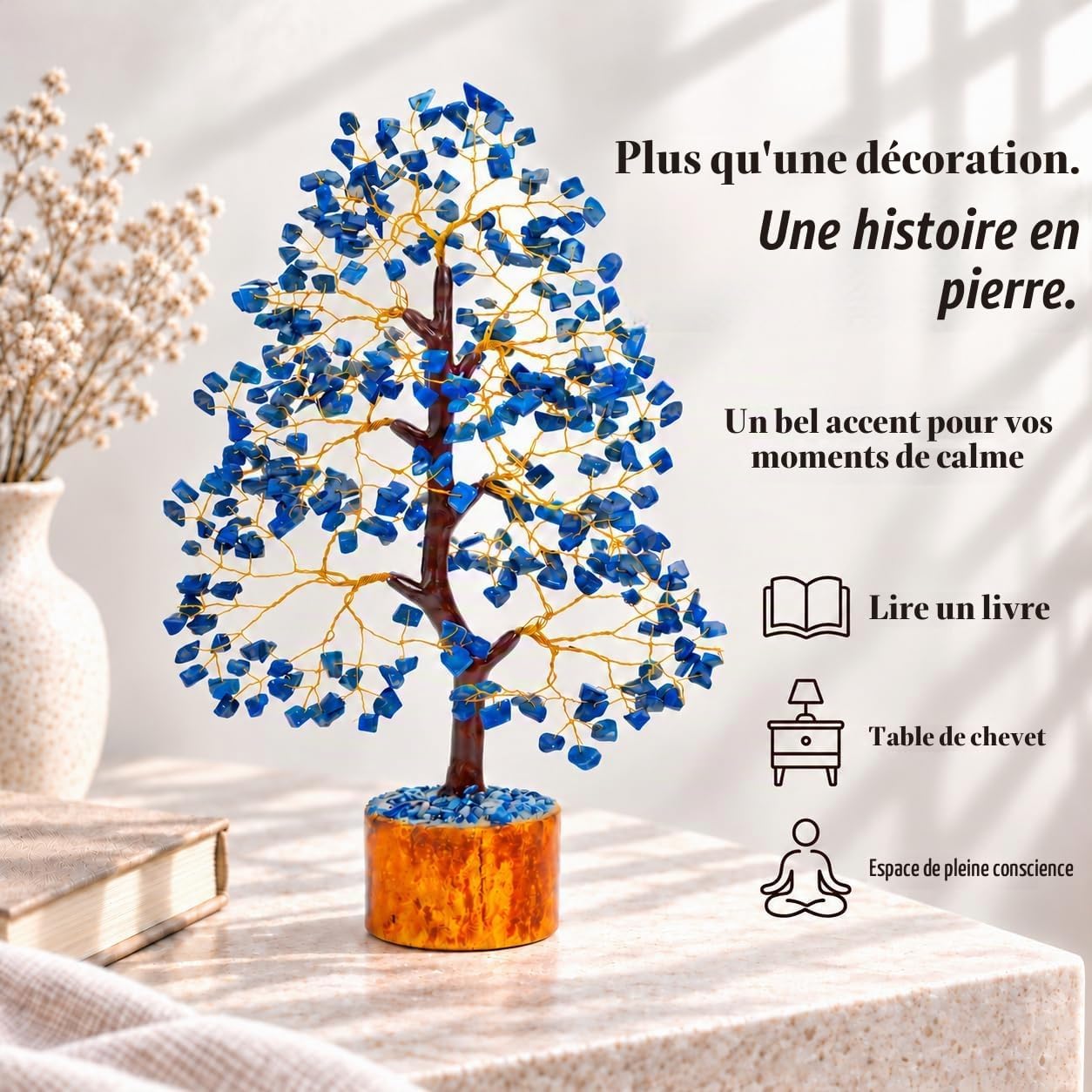 Detalle de Crocon Artificial Tree lapis lazuli edelsteenboom, zilverkleurige bonsai