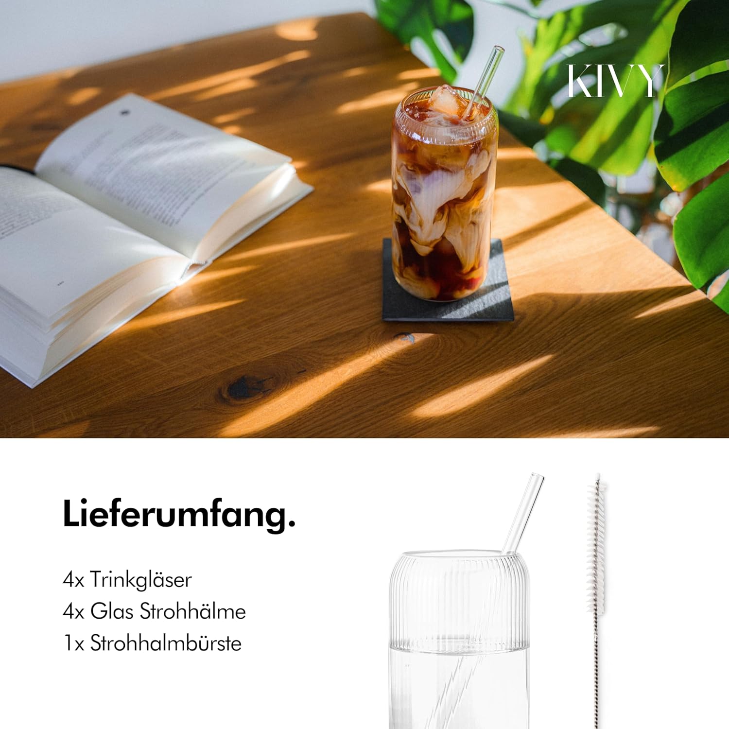 Detalle 2 de KIVY Geriffelte Gläser 4er Set – 450 ml, Strohhalm, Borosilikatglas, spülmaschinenfest