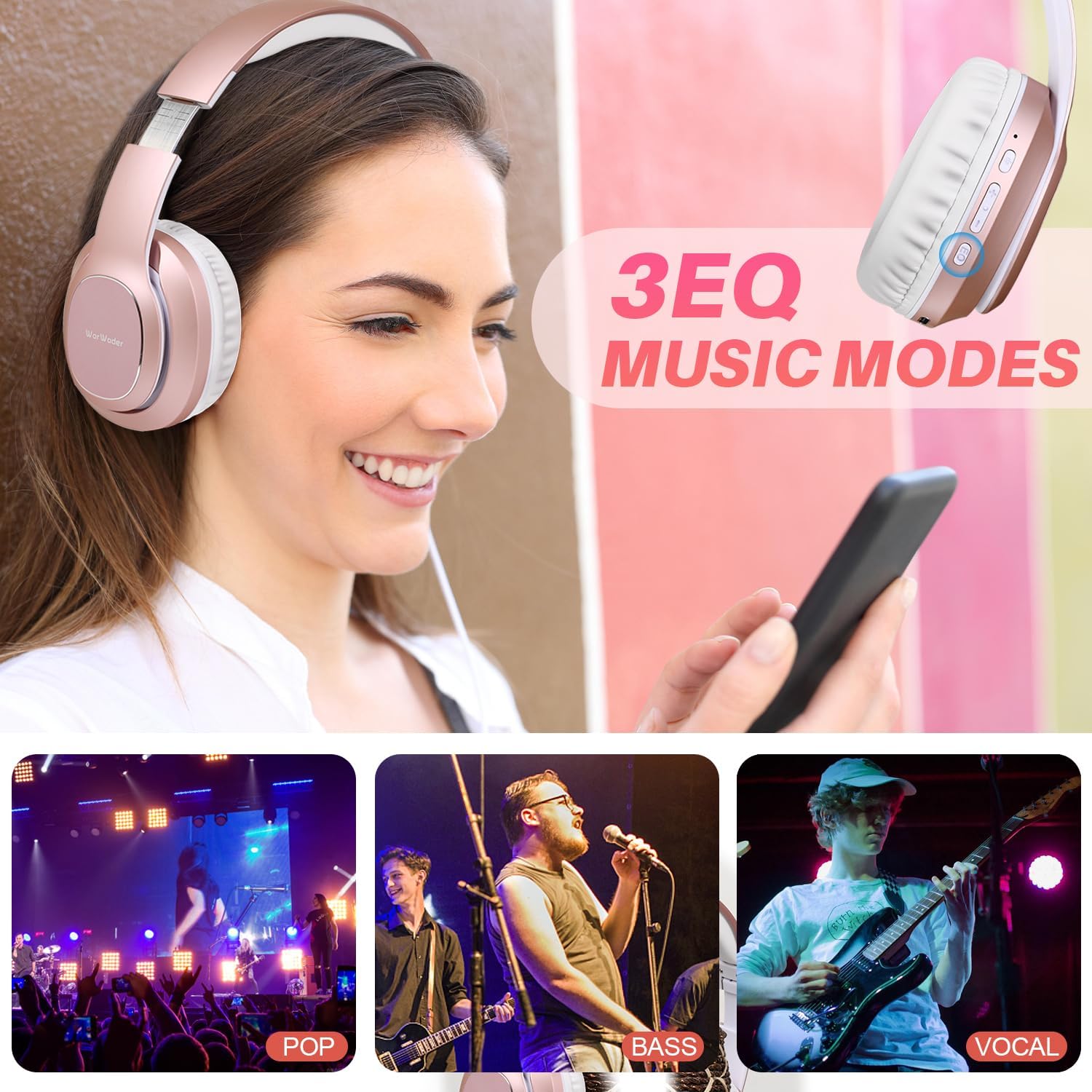 Detalle de WorWoder W-915 wireless over-ear headphones with 80 hours playtime and microphone (Rose Gold)