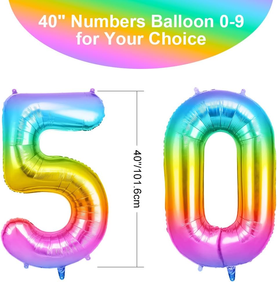 Thumbnail 1 de OFFCUP Ballon d’anniversaire 50 ans arc-en-ciel (foil) avec chiffre 101 cm – gonflable à l’hélium