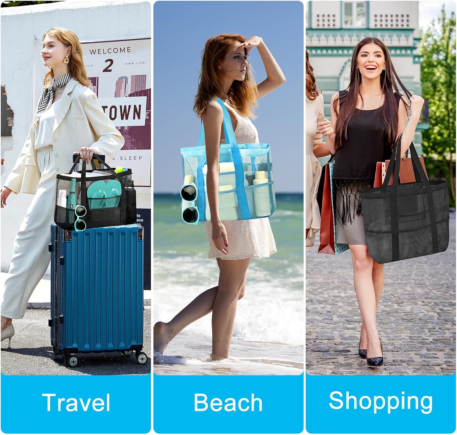 Detalle de 2er-Set Große Strandtasche für Damen – Netz-Design, Reißverschluss, Blau/Schwarz