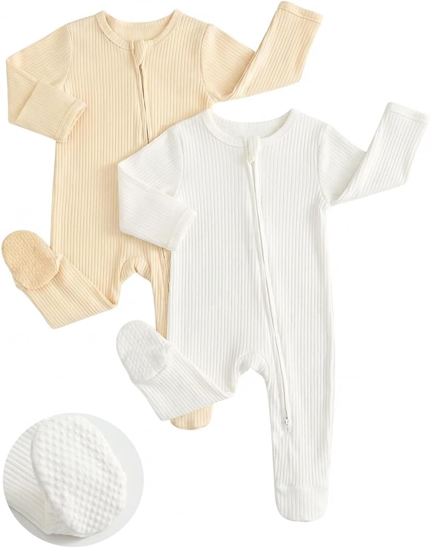 Thumbnail 6 de JiAmy Baumwolle Baby Schlafanzug 2er-Pack Langarm mit Füßen und klappbaren Handschutzen, 0–12 Monate