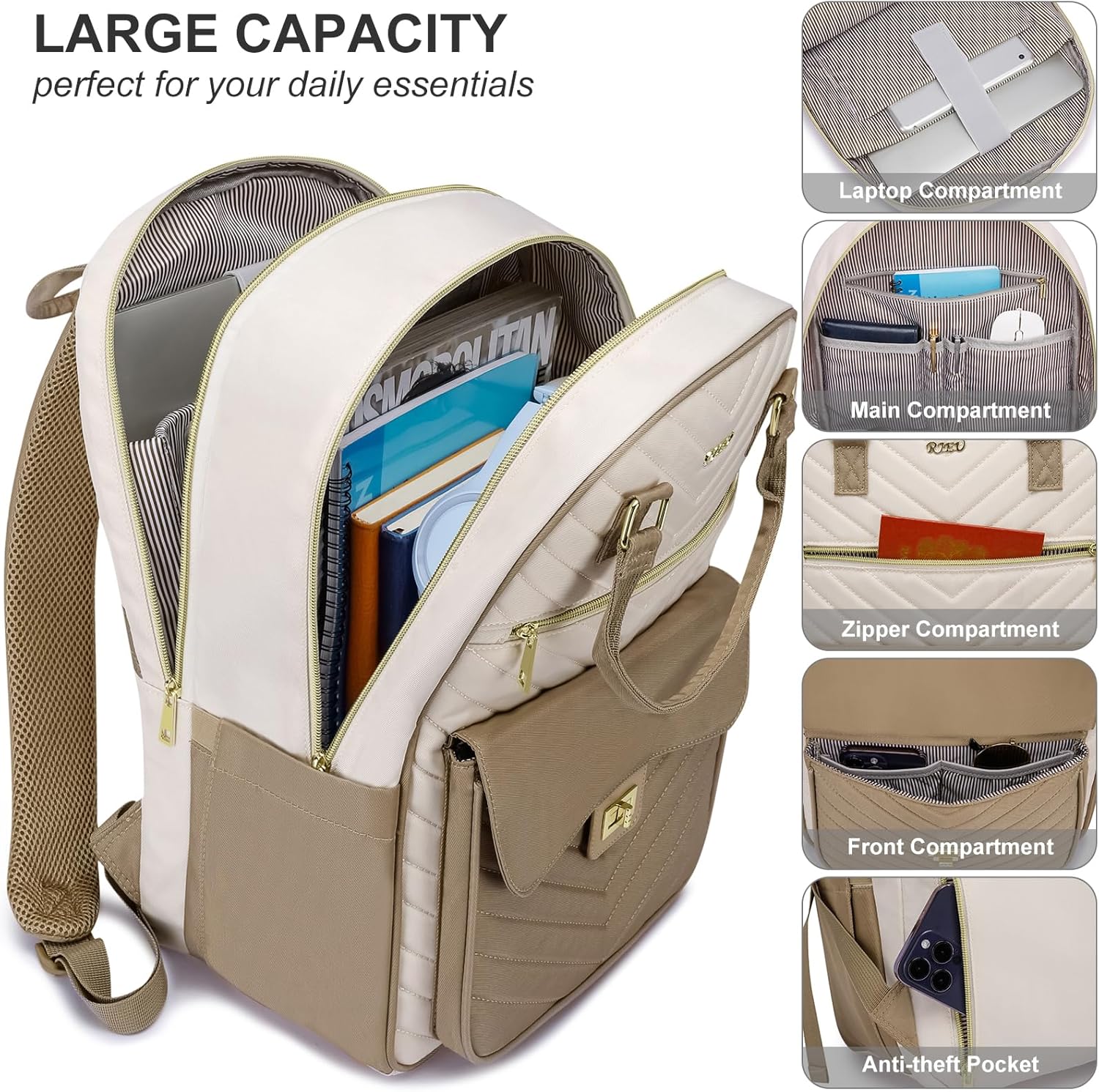 Detalle de RJEU Women’s Laptop Backpack: 15.6–17.3 Inch Anti-Theft, Waterproof Work & Travel Bag
