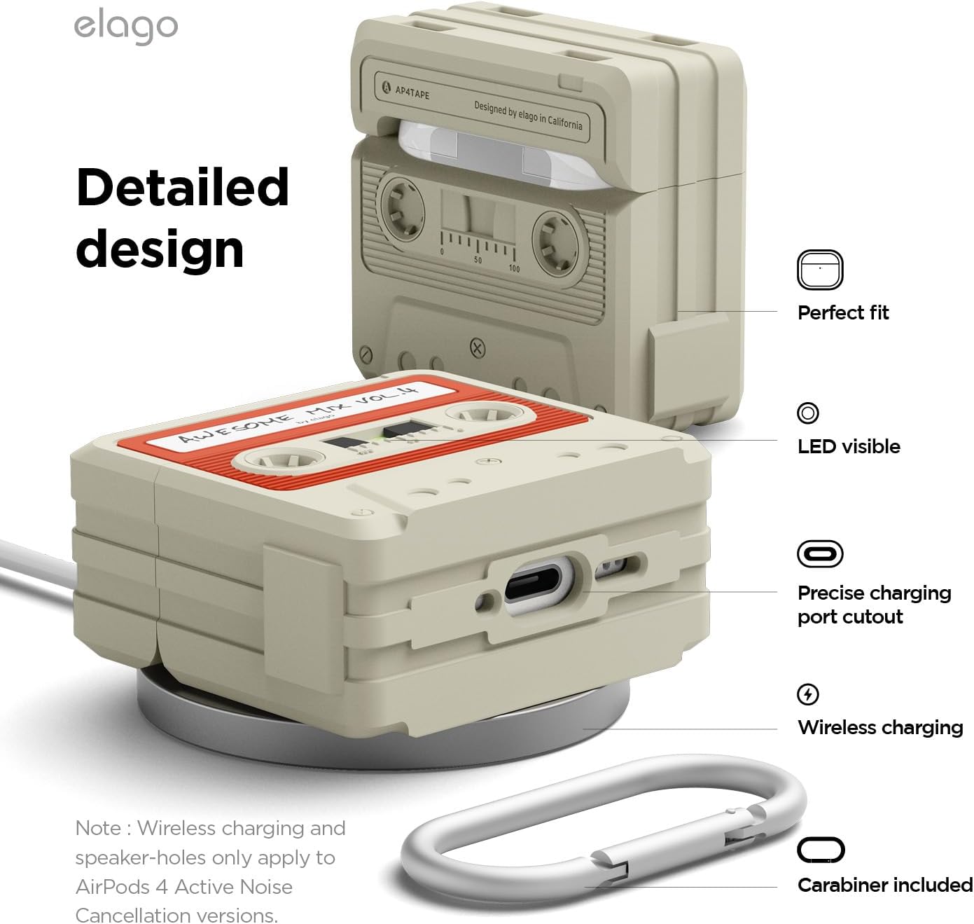 Detalle 2 de elago Coque Cassette pour étui AirPods 4 avec mousqueton – silicone résistante aux chocs, compatible charge sans fil (blanc classique)