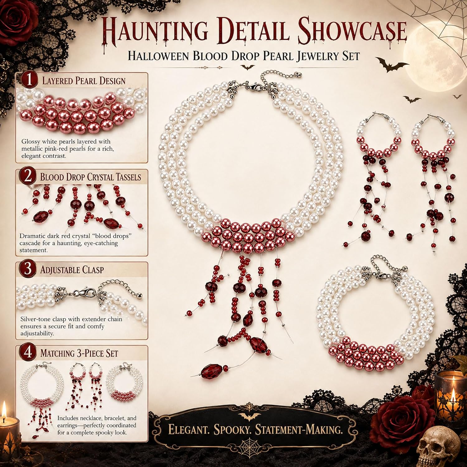 Detalle de Cuxawamiyo collar gótico de perlas con pulsera, pendientes y gotas rojas