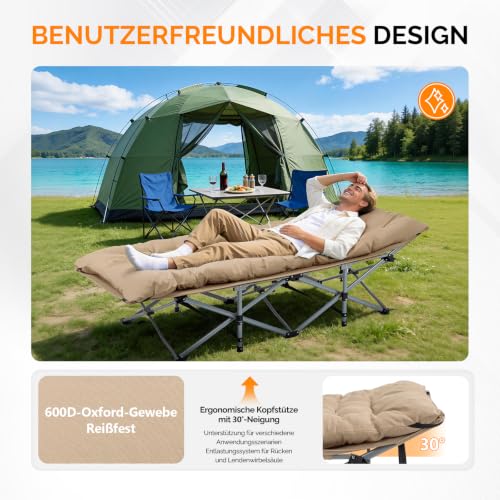 Thumbnail 6 de Bonnlo Feldbett klappbar mit Matratze – XXL Campingbett 190 x 71 x 36 cm, verstärkte Stahlrohre, Oxford-Gewebe, Braun