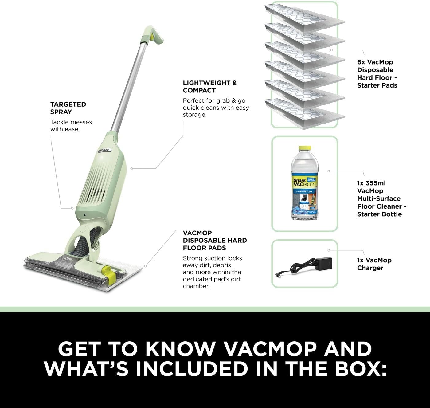 Detalle 2 de Shark VacMop 2-in-1 Cordless Hard Floor Vacuum Spray Mop (VM200UKGN) with 6 Disposable Pad Refills
