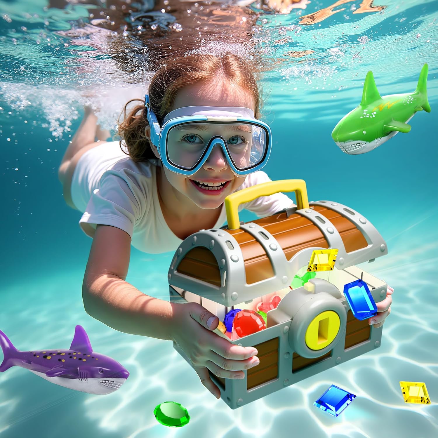 Detalle de Funscape Kids Diving Pool Toy: Large Treasure Chest with Keys, Gems, and Fish