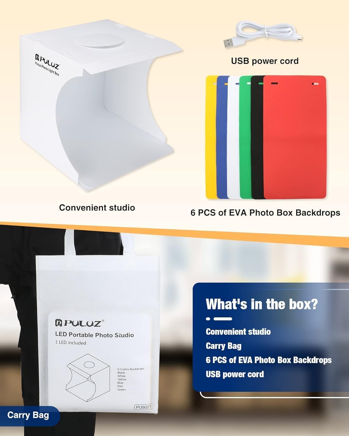 Detalle 2 de PULUZ Mini Fotobox (20 cm) mit 20 LED-Leuchten, Softbox-Zelt-Set und 6 Hintergründen