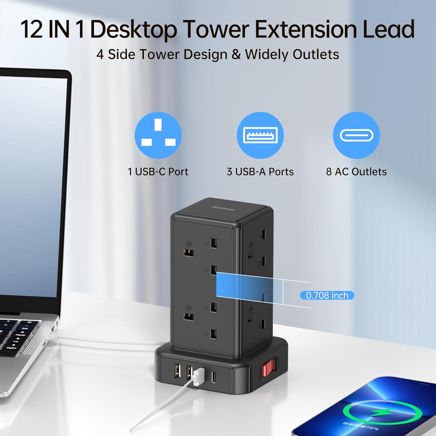 Detalle de Tower Extension Lead Surge Protector with 8 AC Outlets, 4 USB Ports and Switch (13A/3250W) – 2m