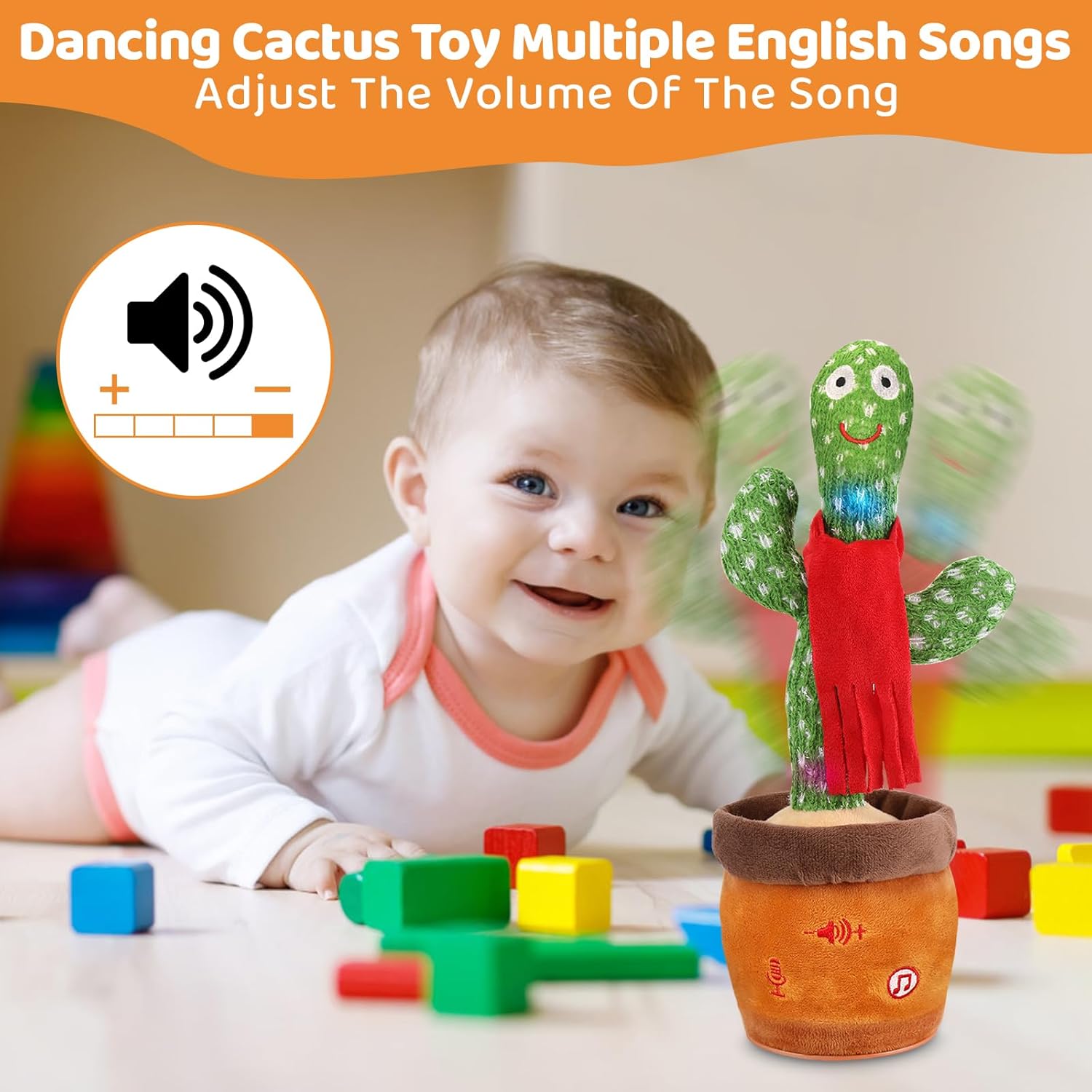 Thumbnail 2 de Edencomer Sprechender Tanzender Kaktus mit einstellbarer Lautstärke – singendes Plüschspielzeug zum Nachsprechen (roter Schal)