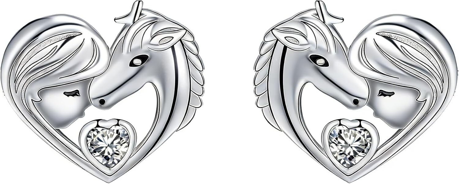 Detalle de J.MUEN Boucles d'oreilles Chat/Licorne/Cheval en Argent Sterling 925 – Design cœur pour femme