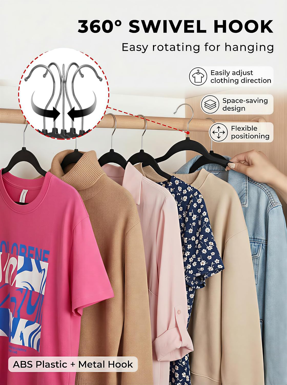 Detalle de SMARTOR Heavy-Duty Plastic Hangers (50 Pack) — Slim Non-Velvet Hangers with 360° Swivel Hook