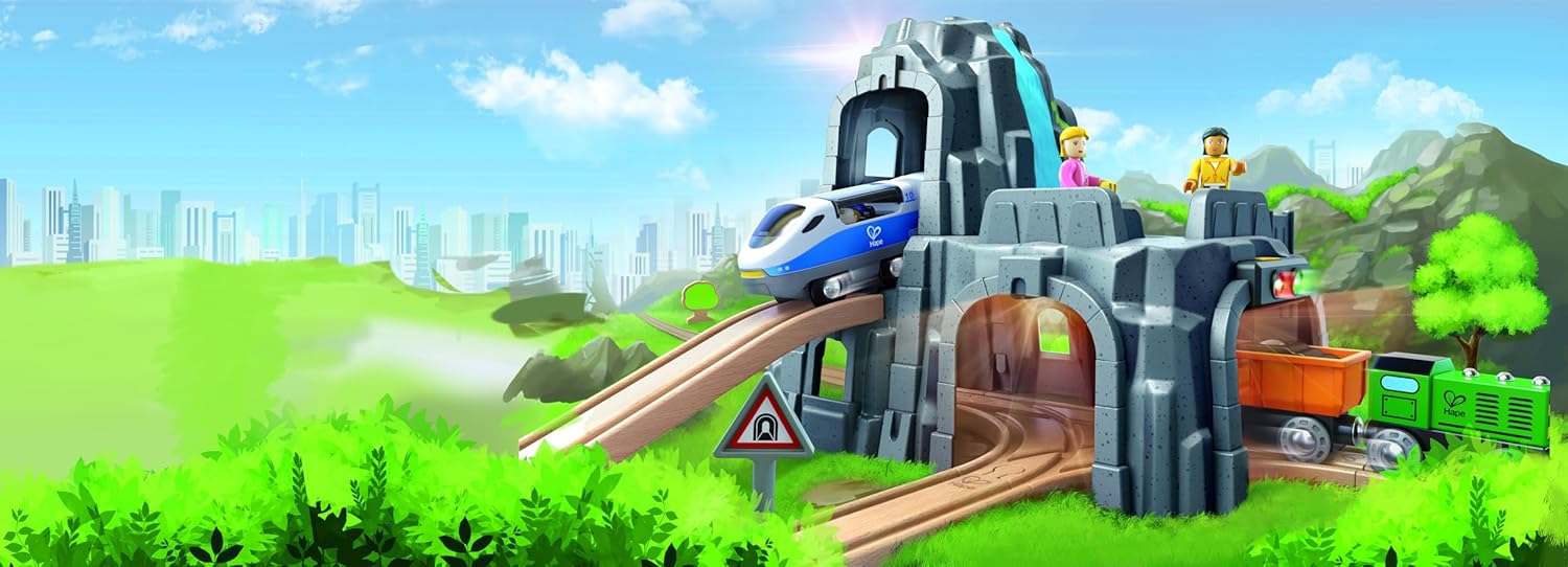 Detalle 2 de Hape Eisenbahnwelt Berg und Tunnelset – mit Licht und Sound (Holzbahn-Erweiterung, Montessori-Spiel, ab 3 Jahren)
