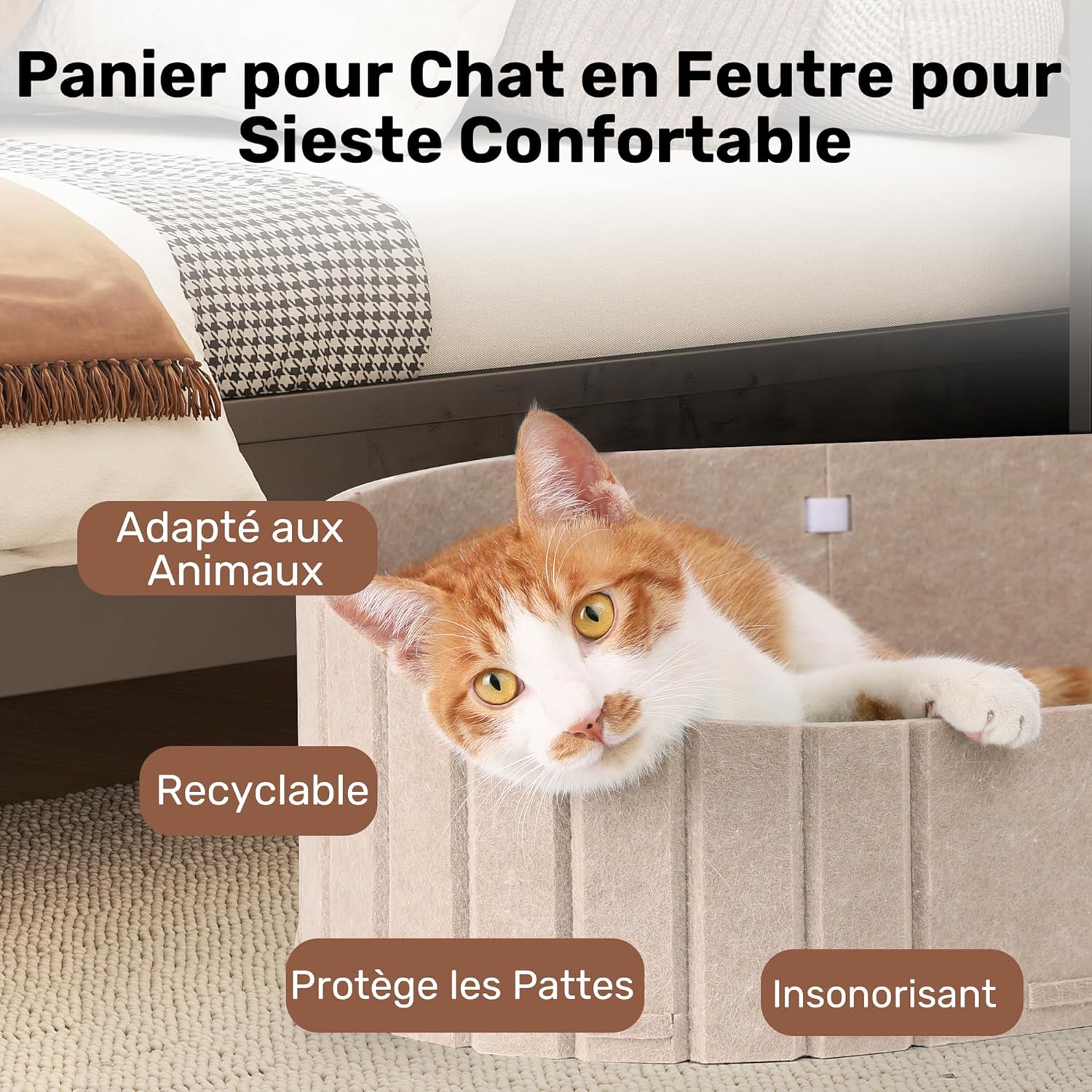 Thumbnail 5 de FUKUMARU lit pour chat d’intérieur 61 cm ovale en feutre camel
