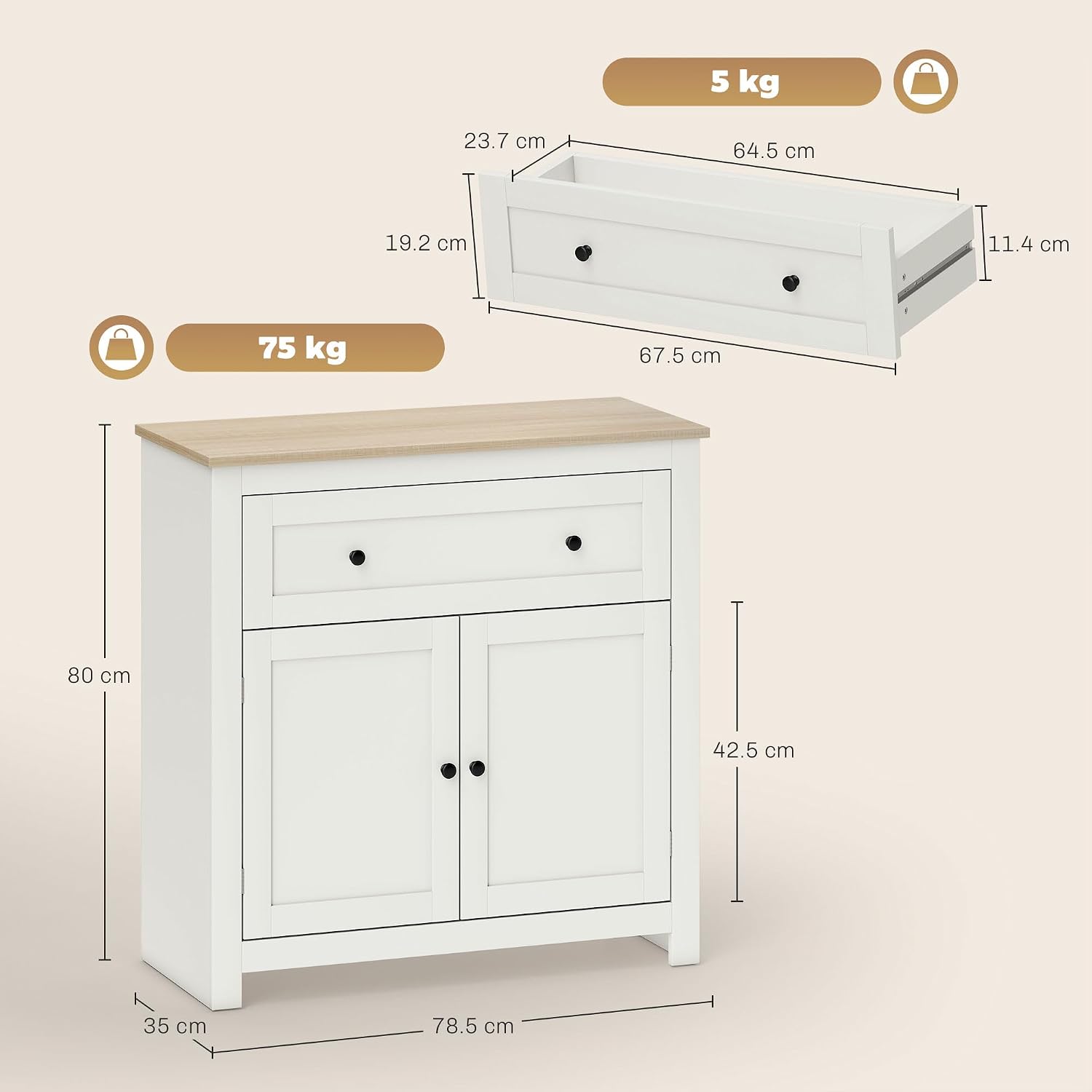 Detalle de HOMCOM 83B-428V80CW Sideboard, Cream White, Adjustable Shelf and Drawer