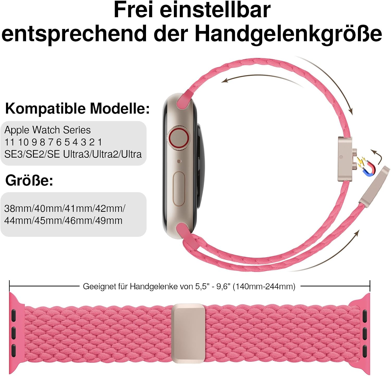 Detalle de Yoohoo Braided Nylon Elastic Magnetic Snap Strap for Apple Watch (38–49mm)